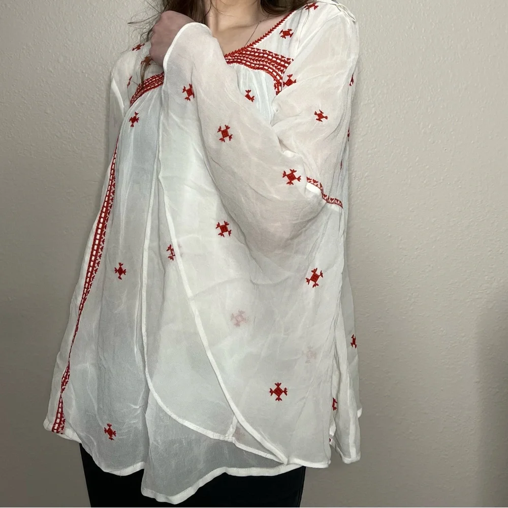 Floreat White Long Flared Sleeve Top with Red Embroidery - Picture 1 of 8